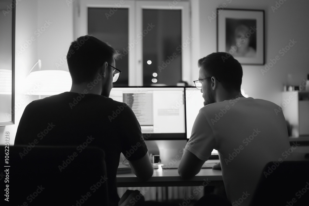 Aufkleber two men collaborating on a project while working at a desk during nighttime