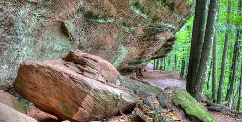 Under overhanging sandstone cliffs with fascinating, bizarre patterns, the trail winds around Altschlossfelsen. The Palatinate Forest showcases its impressive natural power here.