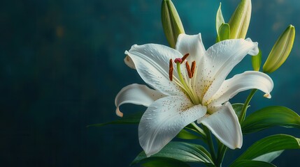 Fototapeta premium White lily with delicate petals and vibrant golden pollen, radiating beauty