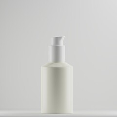  minimalist white plastic pump bottle stands on a light gray background. Its sleek, unbranded design makes it a perfect mockup for showcasing beauty or skincare product labels and branding. 