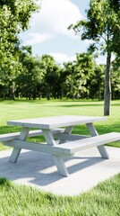 A tranquil picnic table surrounded by lush greenery in a sunny park setting, perfect for outdoor gatherings.