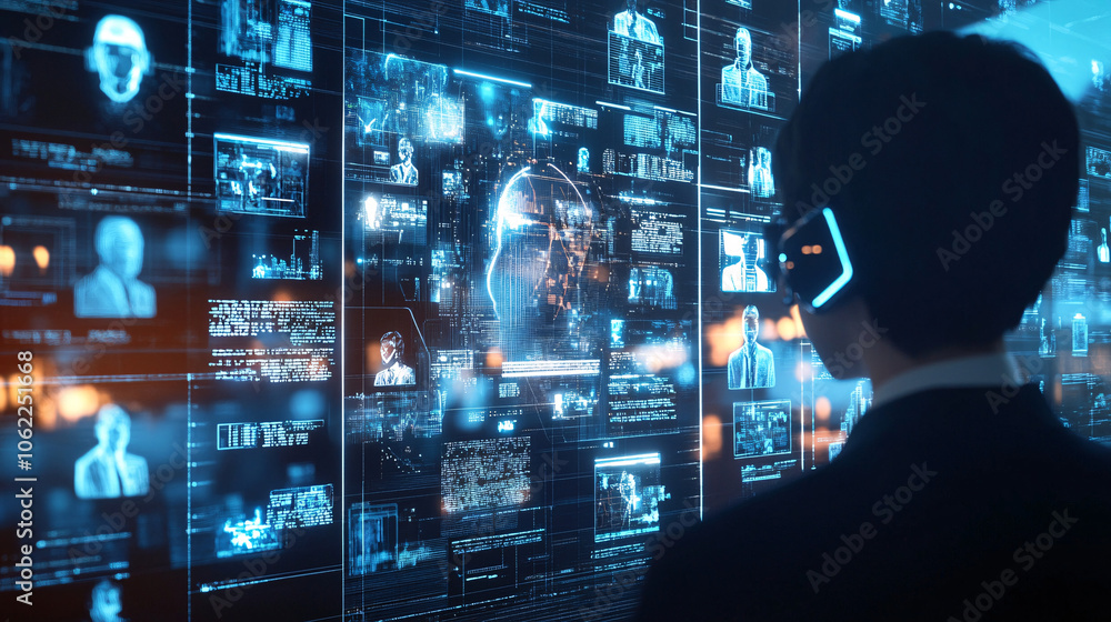Poster a professional team collaborating through holographic interfaces, exchanging client data and buildin