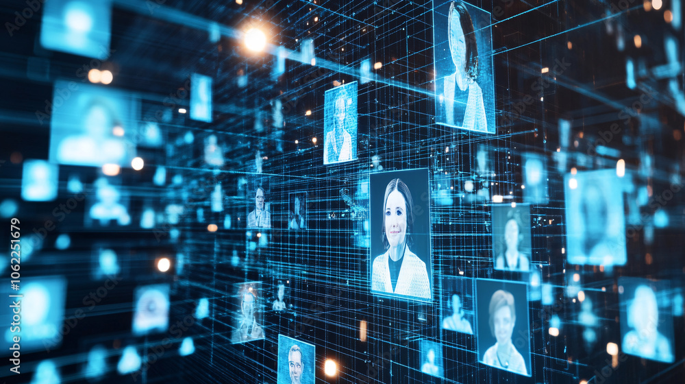 Aufkleber a professional team collaborating through holographic interfaces, exchanging client data and buildin