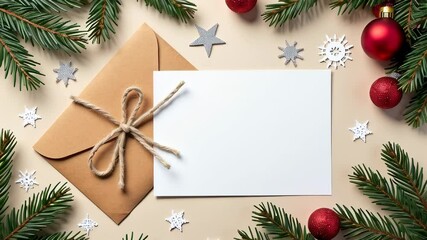 Festive holiday cards display with pine branches, ornaments, and envelopes