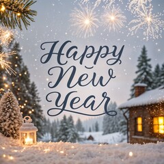 Obraz premium New Year greeting with festive fireworks and cozy winter scenery 