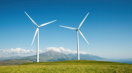 Wind turbines turning in quiet rural landscape with mountains