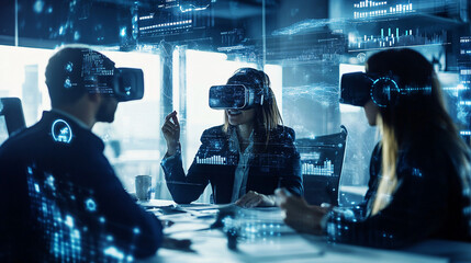 Obraz premium A professional team video conferencing with clients, utilizing virtual reality elements to engage in CMR strategies, surrounded by customer data points and interactive partnership tools. 