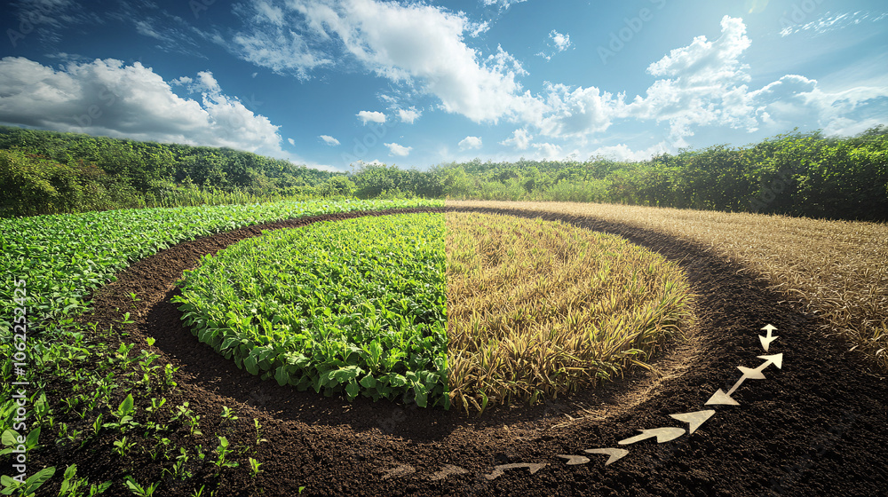 Poster a rotating cycle of weather conditions and crop growth, with arrows representing the quick adaptatio