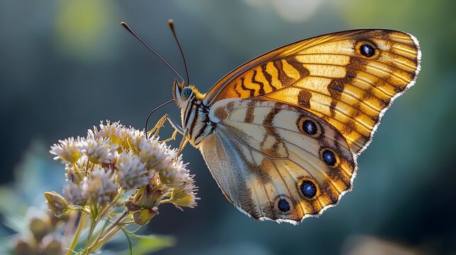A beautiful butterfly perched delicately on a flower, showcasing vibrant orange and blue patterns against a soft, blurred background in warm sunlight.