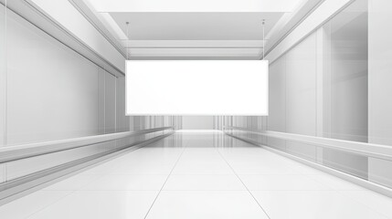 Fototapeta premium Blank white banner on a sleek shopping mall facade, perfect for promotional text or branding, with glass and modern architectural details.