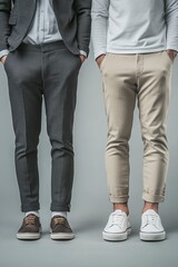 Two type of clothes wearing on each side of one man : business clothes style with business shoe at his left and beach clothes style with sneaker at his right, grey background,generative ai