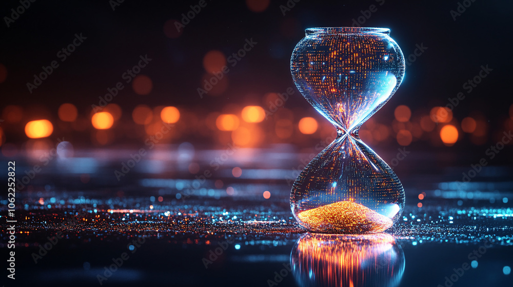 Aufkleber a rotating hourglass made of glowing data particles, representing time optimization and the rapid ad