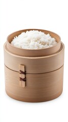 A wooden steamer filled with fluffy white rice, showcasing a traditional Asian culinary element.