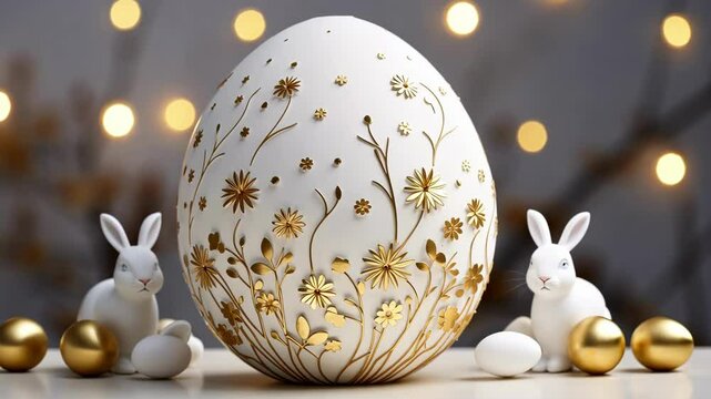 White Easter eggs with a golden pattern with rabbits. Trend. concept of a happy Easter.