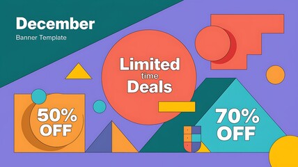 December Banner Template with Geometric Shapes and Discount Offers