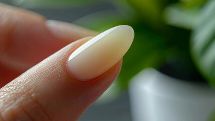 A close-up of a manicured nail showcasing a smooth, glossy finish against a blurred background.