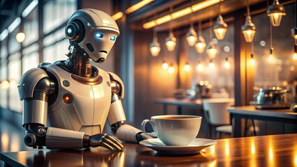 Fototapeta premium Futuristic robot enjoying coffee in a modern café ambiance