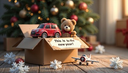 Toy car, teddy bear, and airplane celebrating New Year in box with Christmas tree background