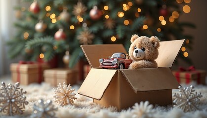 Teddy bear with toy car in box celebrating Christmas with decorated tree and gifts background 