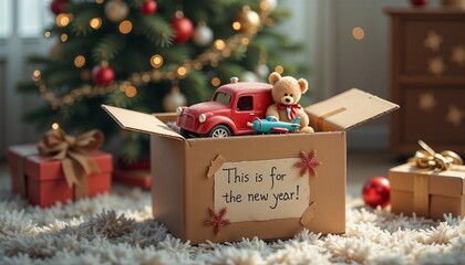Teddy bear with red toy car in box celebrating New Year with Christmas tree and gifts background