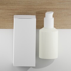  A white cosmetic pump bottle sits beside its matching rectangular box on a split background of light wood and white. Both bottle and box are blank, ideal for showcasing branding and package design .
