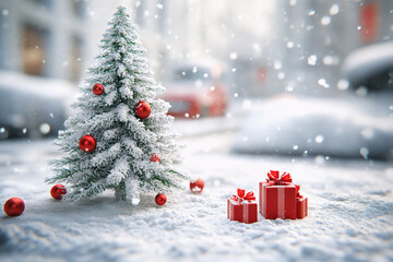 Obraz premium Christmas abstract background with snow, presents, Christmas tree in 3d style