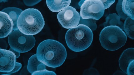 A close up of many blue and white mushrooms