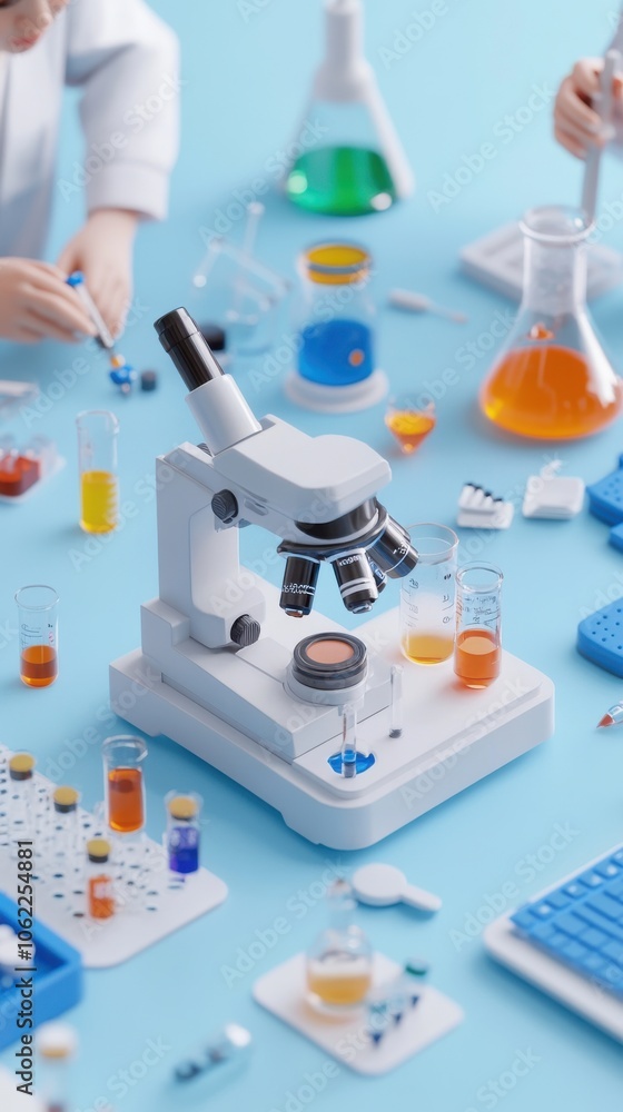 Poster a close-up of a laboratory scene featuring a microscope surrounded by colorful test tubes and beaker