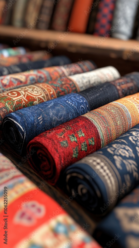 Poster colorful rolled fabrics showcasing intricate patterns stacked neatly on a wooden shelf.