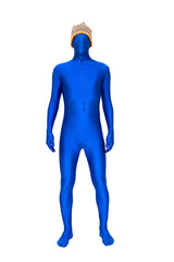 Mysterious blue man in costume with a cap