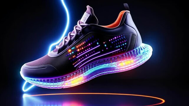 A holographic luminous sneaker on a black background. Shoes of future.