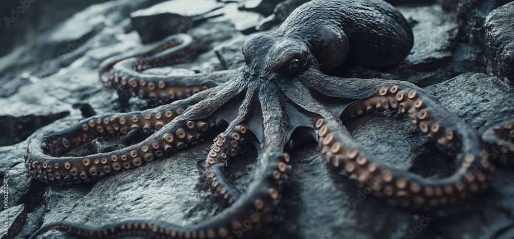 Poster close-up of a large octopus with suckers on its tentacles resting on a rocky surface.