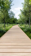 A serene wooden pathway through lush green trees under a clear blue sky.