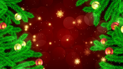 Christmas Background with Golden Frost Snowflake Branches and Particle Glitters