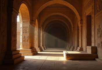Obraz premium Exploring ancient architecture in a sunlit corridor at a historic temple site in the late afternoon
