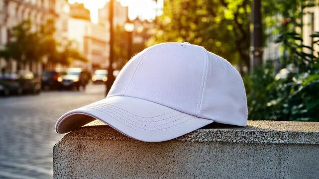 A white baseball cap rests on a concrete wall in a city setting