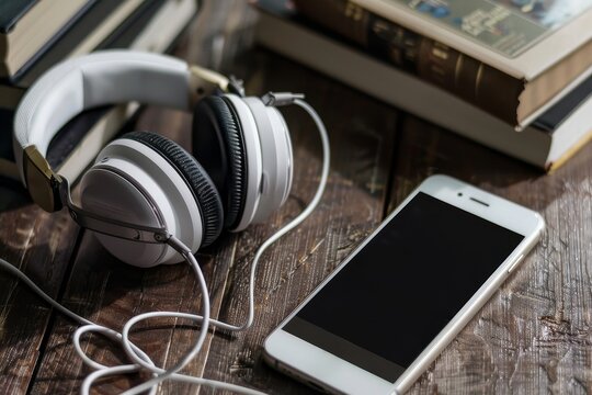 Smartphone and headphones for listening to audiobooks, music or podcasts