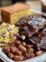 Close-up shot of a plate with BBQ ribs, baked beans, coleslaw, and cornbread, perfect for a hearty and satisfying meal.