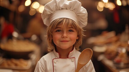 Aspiring Young Chef: Joyful Child in Chef Uniform Smiling Proudly with Wooden Spoon