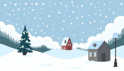 Snowy winter landscape featuring quaint houses and a tall pine tree under a blue sky