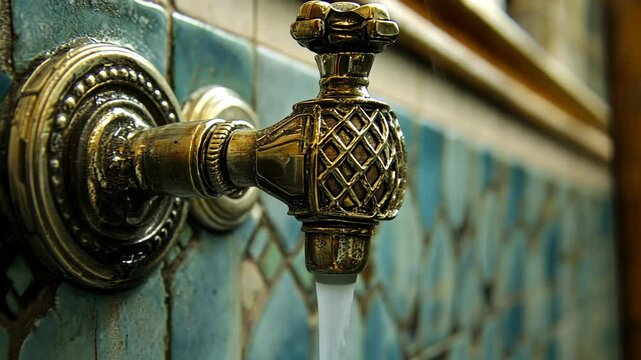 A brass faucet with an intricate design pours water against a blue tiled wall