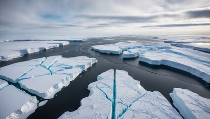 Aerial view of vast ice formations and frozen sea showcasing dramatic cracks in the Arctic landscape under a cloudy sky.