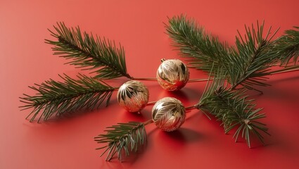 Gold ornaments and green pine branches on a red background.