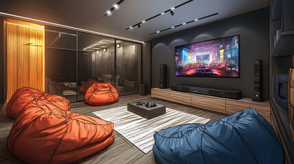 A sketch of a modern entertainment room with a gaming setup, large TV, and comfortable bean bag chairs for relaxation. 