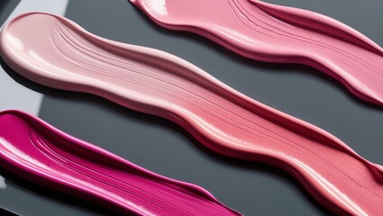 Obraz premium flowing liquid makeup swatches in various pink shades on a glossy background.