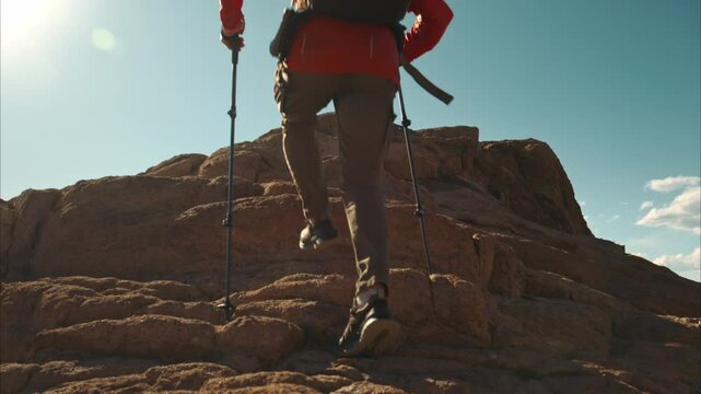 Active hiker or tourist with backpack and hiking poles climbs uphill at rocky terrain and stops on the top in winner pose with open arms