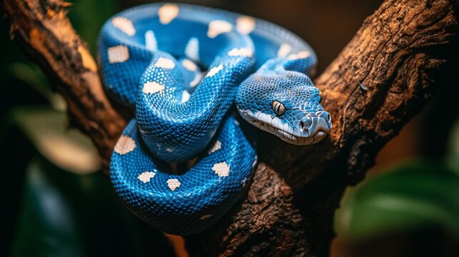 A blue python with white spots is wrapped around a branch, looking at the camera.