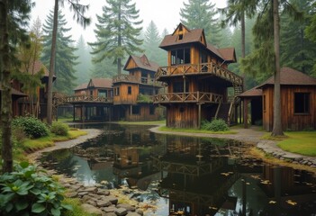 Obraz premium Charming wooden cabins surrounded by misty forest and tranquil waters in a peaceful retreat
