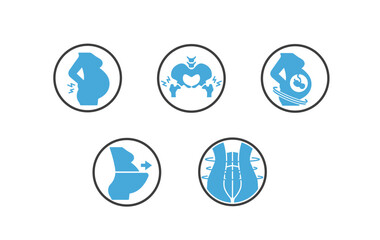 Maternity Comfort and Support. Icons Included: Pregnant Belly Support, Expandable Belly Panel, Pelvic Girdle Pain, Abdominal Compression Support Panel, Lower Back Pain