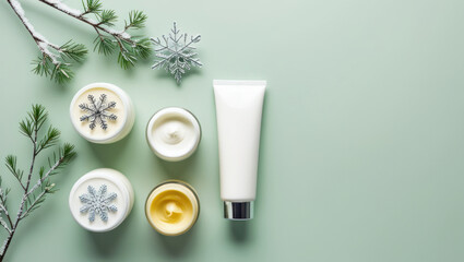 Cream tubes on green background with fir brunches and snowflakes. Winter season skin care concept. AI generated